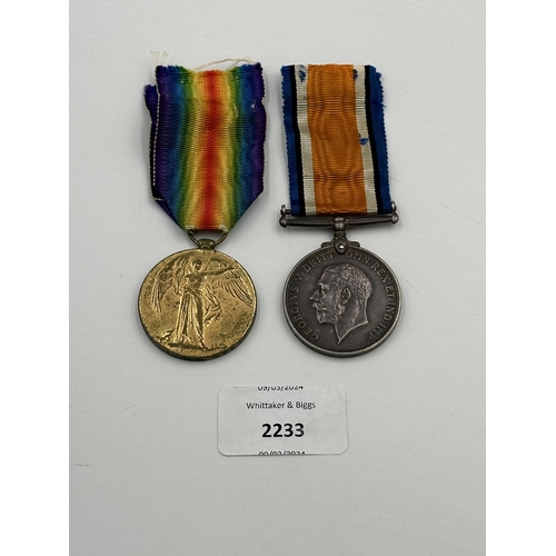 2233 - A WWI South African medal pair presented to Pte. G.W.M. Lawrence  11th S.A.I.