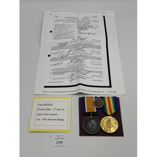 2234 - A WWI British medal pair and Service At The Front Badge presented to 9986 Pte. F. Speight 3-Can. Inf... 