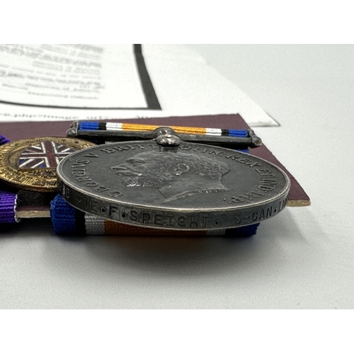 2234 - A WWI British medal pair and Service At The Front Badge presented to 9986 Pte. F. Speight 3-Can. Inf... 