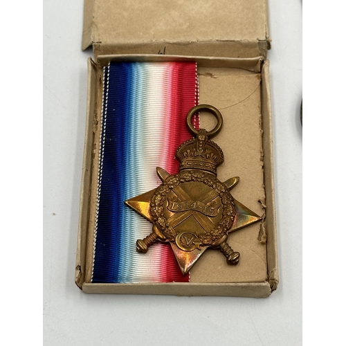 2374 - Three medals, one WWI medal pair comprising unnamed 1914-15 star and Victory presented to 30957 Pte.... 