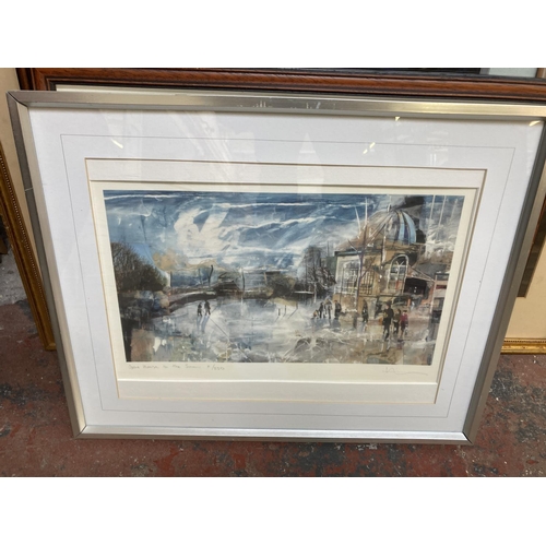 261 - Ten pictures to include Y. Ziaeian signed print, unframed oil on canvas of a winter landscape scene,... 