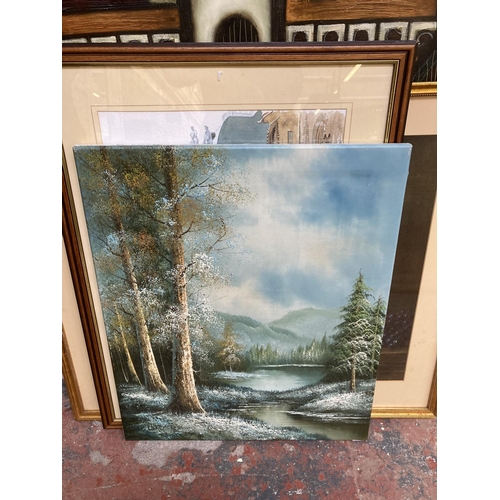 261 - Ten pictures to include Y. Ziaeian signed print, unframed oil on canvas of a winter landscape scene,... 