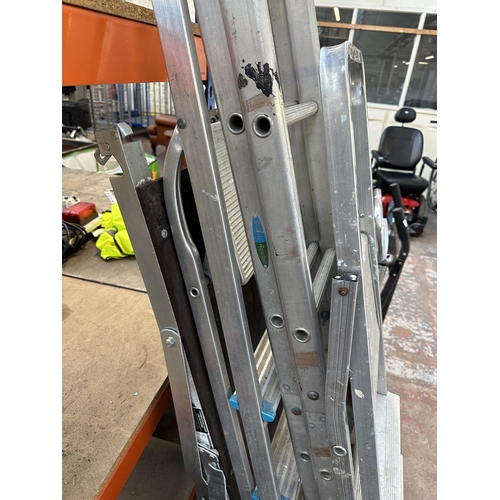 880 - Four items, three aluminium ladders and one work platform