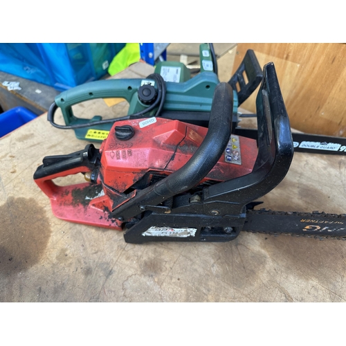 887 - Three pieces of gardening equipment, one Oregon 1800w electric chainsaw, one Spark PS338 petrol chai... 