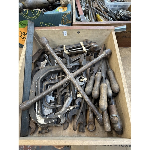 908 - Three boxes containing vintage hand tools