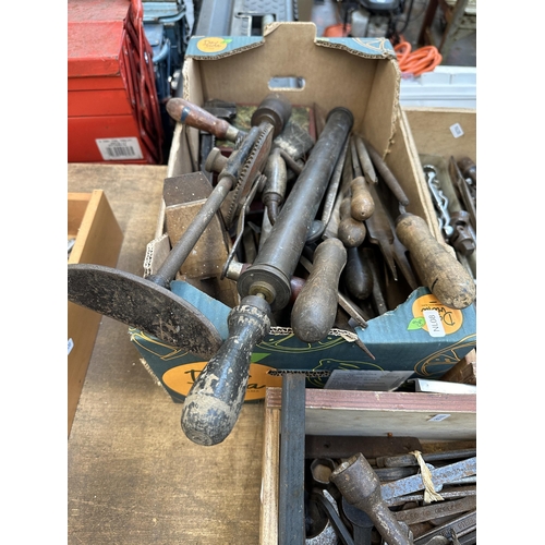 908 - Three boxes containing vintage hand tools