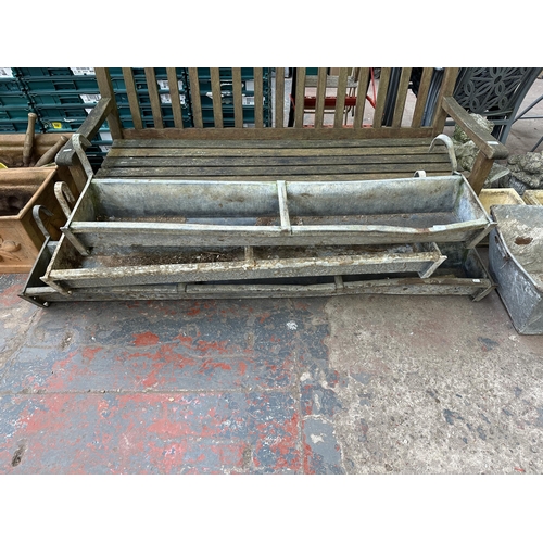 968 - Three vintage galvanised feeding troughs - largest approx. 18cm high x 28cm wide x 183cm long