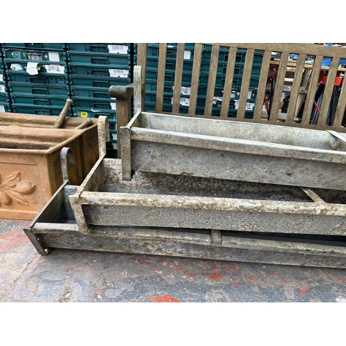 968 - Three vintage galvanised feeding troughs - largest approx. 18cm high x 28cm wide x 183cm long