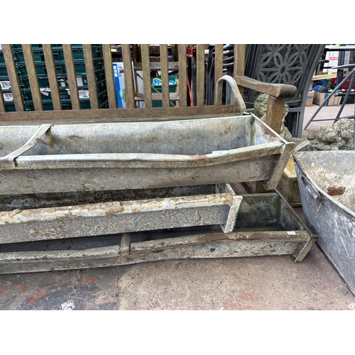 968 - Three vintage galvanised feeding troughs - largest approx. 18cm high x 28cm wide x 183cm long