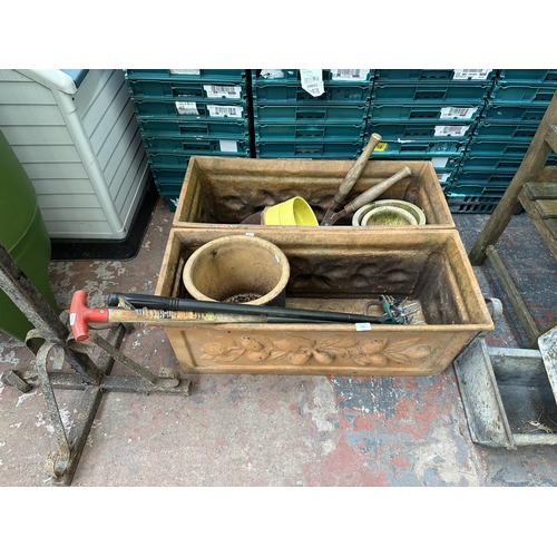 970 - A collection of garden items to include two terracotta effect rectangular planters - approx. 34cm hi... 