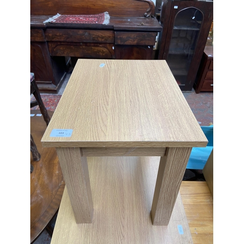 103 - Three modern oak effect side tables - largest approx. 45cm high x 55cm wide x 55cm deep