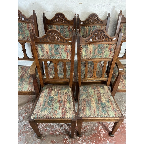 121 - Six Arts & Crafts carved oak and fabric upholstered dining chairs