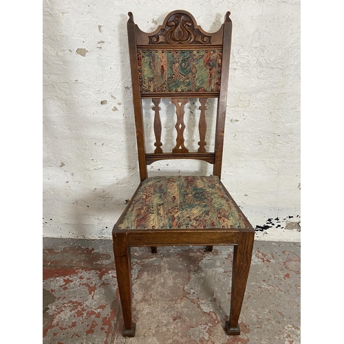 121 - Six Arts & Crafts carved oak and fabric upholstered dining chairs