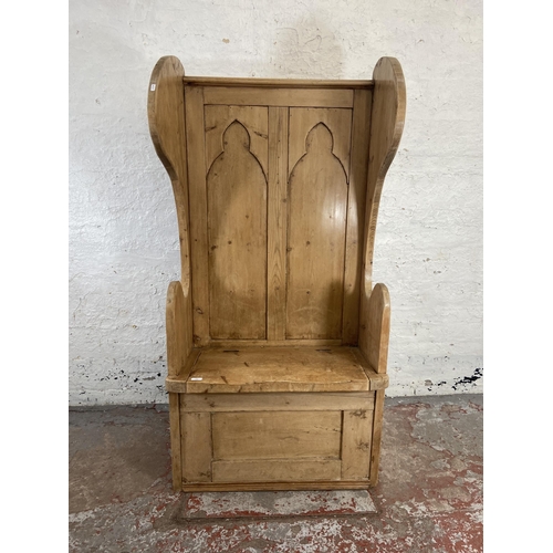 130 - A 19th century style pine lambing chair - approx. 162cm high x 82cm wide x 48cm deep