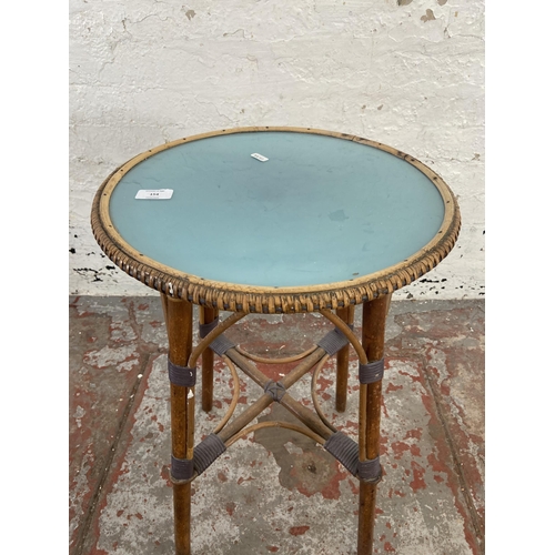 154 - A mid 20th century Belvoir bamboo and cane circular side table with blue painted top - approx. 66cm ... 