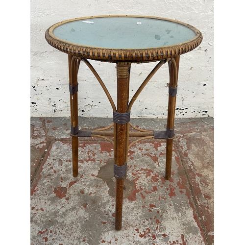 154 - A mid 20th century Belvoir bamboo and cane circular side table with blue painted top - approx. 66cm ... 