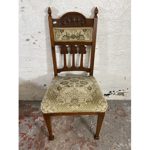 166 - Four Arts & Crafts carved oak and floral fabric upholstered dining chairs - approx. 107cm high x 50c... 