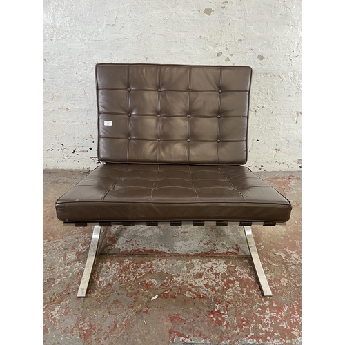 185 - A brown leather and chrome plated Barcelona style chair - approx. 75cm high x 77cm wide x 78cm deep