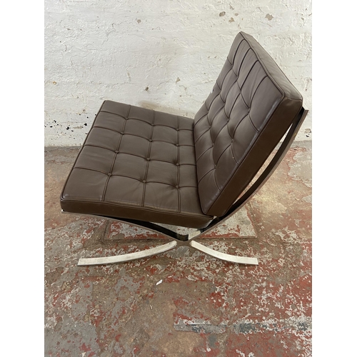 185 - A brown leather and chrome plated Barcelona style chair - approx. 75cm high x 77cm wide x 78cm deep