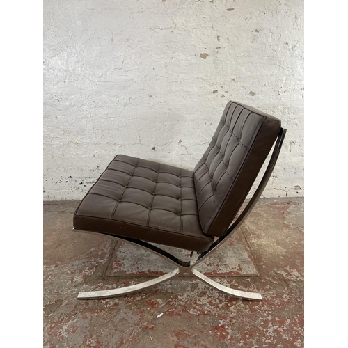 185 - A brown leather and chrome plated Barcelona style chair - approx. 75cm high x 77cm wide x 78cm deep