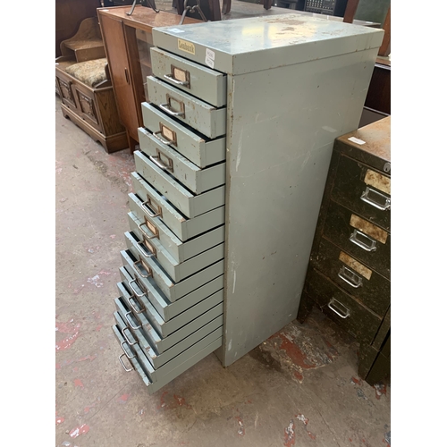 203 - A mid 20th century grey metal fifteen drawer office filing cabinet - approx. 95cm high x 27cm wide x... 