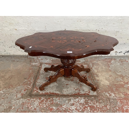 224 - An Italian style inlaid walnut effect serpentine pedestal coffee table - approx. 54cm high x 60cm wi... 