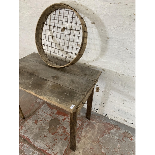 238 - An early 20th century pine farmhouse work table with sieve - approx. 81cm high x 61cm wide x 98cm lo... 