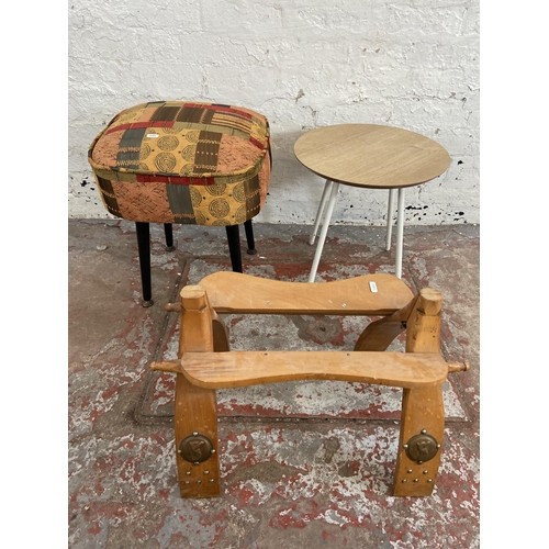 83 - Three pieces of furniture, one mid 20th century fabric upholstered and ebonised stool, one beech cam... 