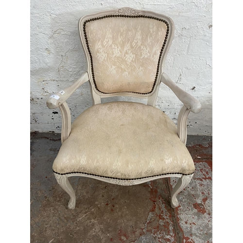 98 - A French Louis XV style white painted and fabric upholstered open armchair - approx. 84cm high x 57c... 