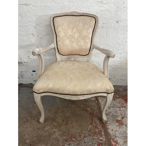 98 - A French Louis XV style white painted and fabric upholstered open armchair - approx. 84cm high x 57c... 