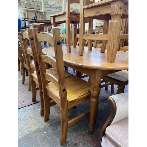 99 - A modern pine extending dining table and six chairs - approx. 74cm high x 92cm wide x 146cm long