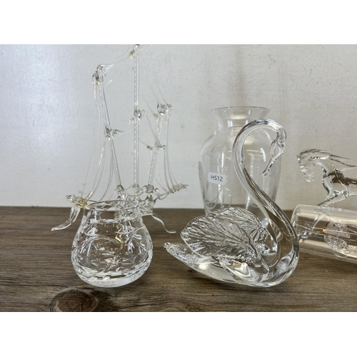 350 - Six pieces of glassware to include handblown ship sculpture, swan figurine etc.