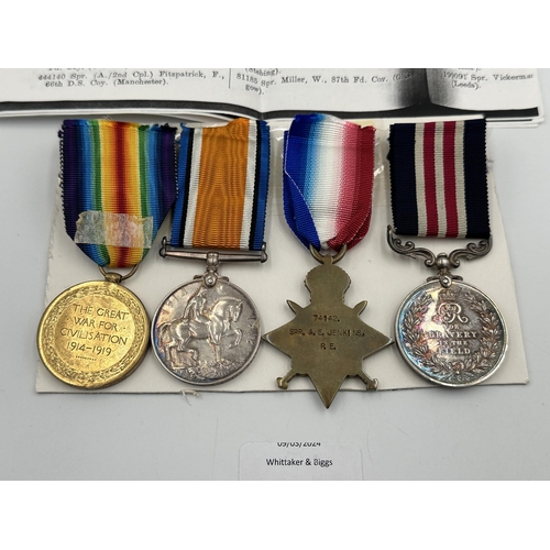 2223 - A WWI British medal quadlet presented to 74142 Spr. - A Cpl - A. Jenkins R. E. to include For Braver... 