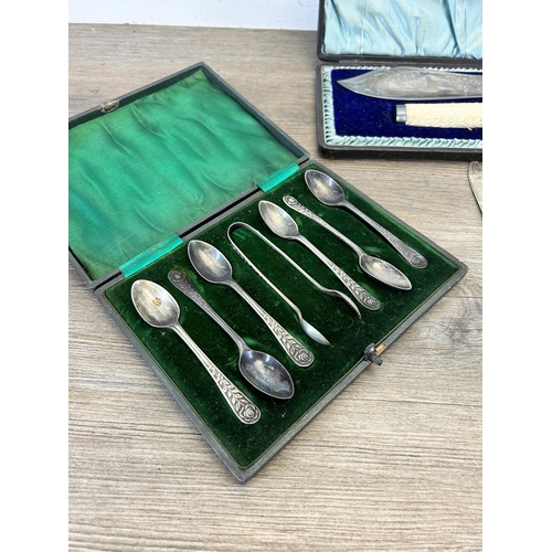 388 - A collection of cutlery to include cased Walker & Hall etched silver plate and antler handled two pi... 