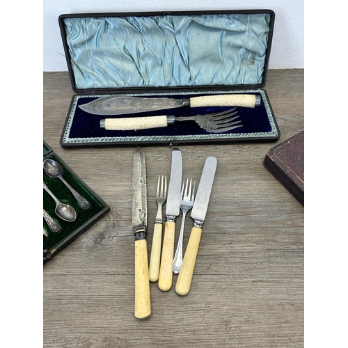 388 - A collection of cutlery to include cased Walker & Hall etched silver plate and antler handled two pi... 