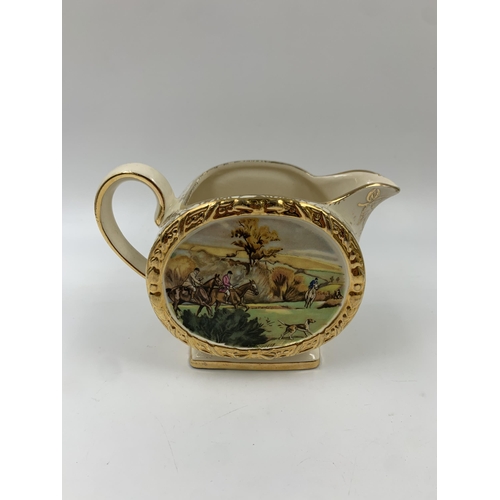 311 - A Sadler No. 1763 barrel shaped hunting scene three piece tea set