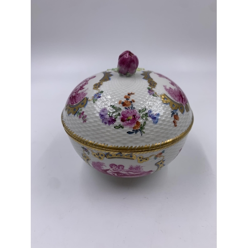 319 - A Dresden hand painted circular trinket box - approx. 12cm high