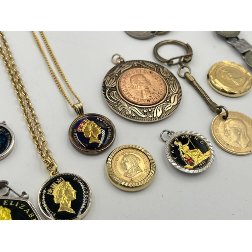 2038 - A collection of mounted coin jewellery to include sterling silver 5 Ptas and 1 Peseta bracelet, silv... 