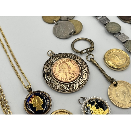 2038 - A collection of mounted coin jewellery to include sterling silver 5 Ptas and 1 Peseta bracelet, silv... 