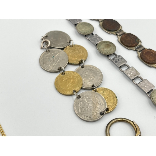 2038 - A collection of mounted coin jewellery to include sterling silver 5 Ptas and 1 Peseta bracelet, silv... 