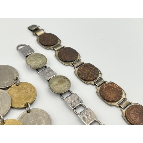 2038 - A collection of mounted coin jewellery to include sterling silver 5 Ptas and 1 Peseta bracelet, silv... 