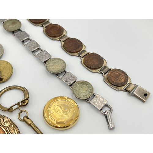 2038 - A collection of mounted coin jewellery to include sterling silver 5 Ptas and 1 Peseta bracelet, silv... 