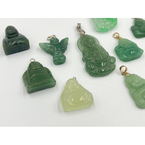 2039 - Ten jade buddha pendants with 9ct gold, silver and 18k gold plated clasps