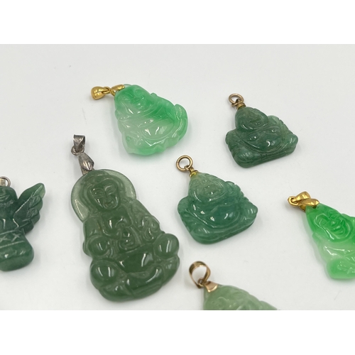 2039 - Ten jade buddha pendants with 9ct gold, silver and 18k gold plated clasps