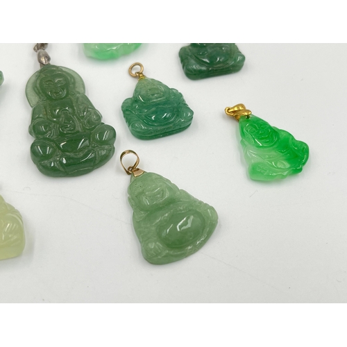 2039 - Ten jade buddha pendants with 9ct gold, silver and 18k gold plated clasps