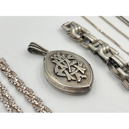 2040 - Five pieces of jewellery, two sterling silver bracelets, one white metal photo locket and necklace, ... 