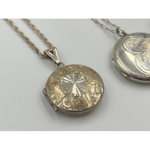 2042 - Three hallmarked sterling silver locket pendant necklaces, two Birmingham and one Sheffield - approx... 