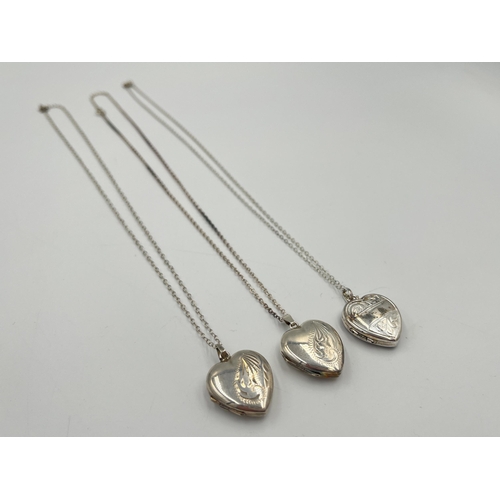 2043 - Three sterling silver heart shaped locket pendant necklaces - approx. gross weight 16.62g