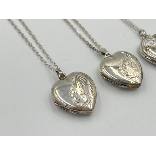 2043 - Three sterling silver heart shaped locket pendant necklaces - approx. gross weight 16.62g