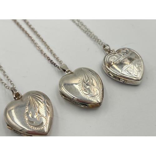 2043 - Three sterling silver heart shaped locket pendant necklaces - approx. gross weight 16.62g